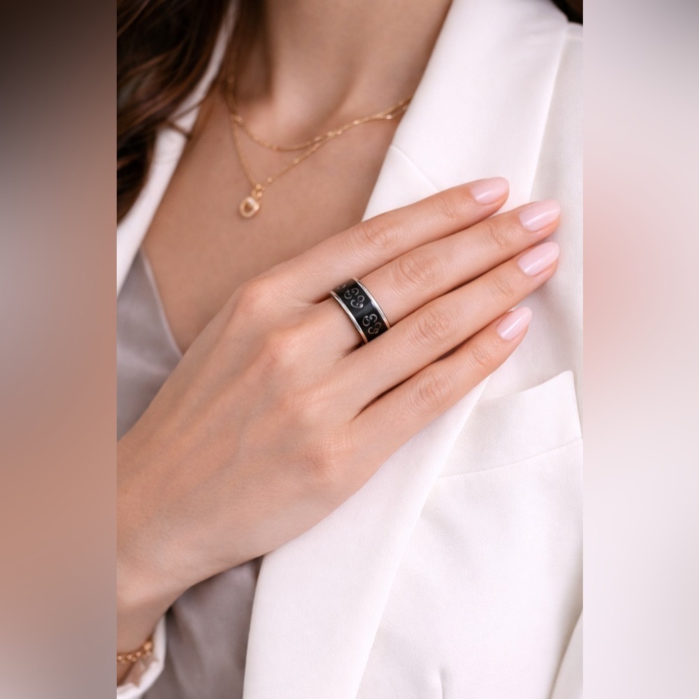 Gucci Icon 18k White Gold and Black GG Band Ring - Picture 4 of 7